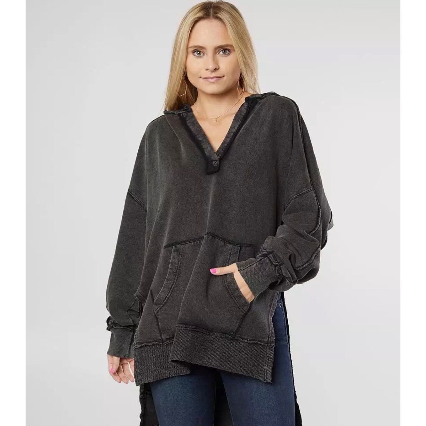 Free People We The Free Kara's Hoodie Oversized Black Charcoal Wash Size Small